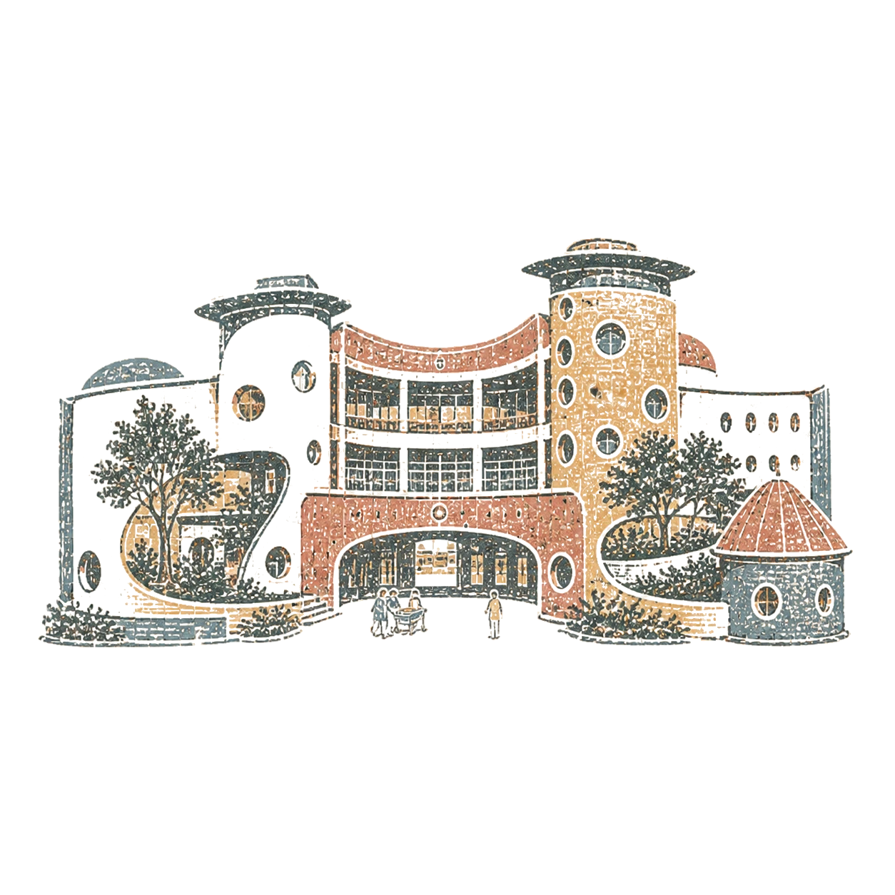 Letterpress illustration of a fictional pediatric hospital with curved wings and a welcoming central entrance.