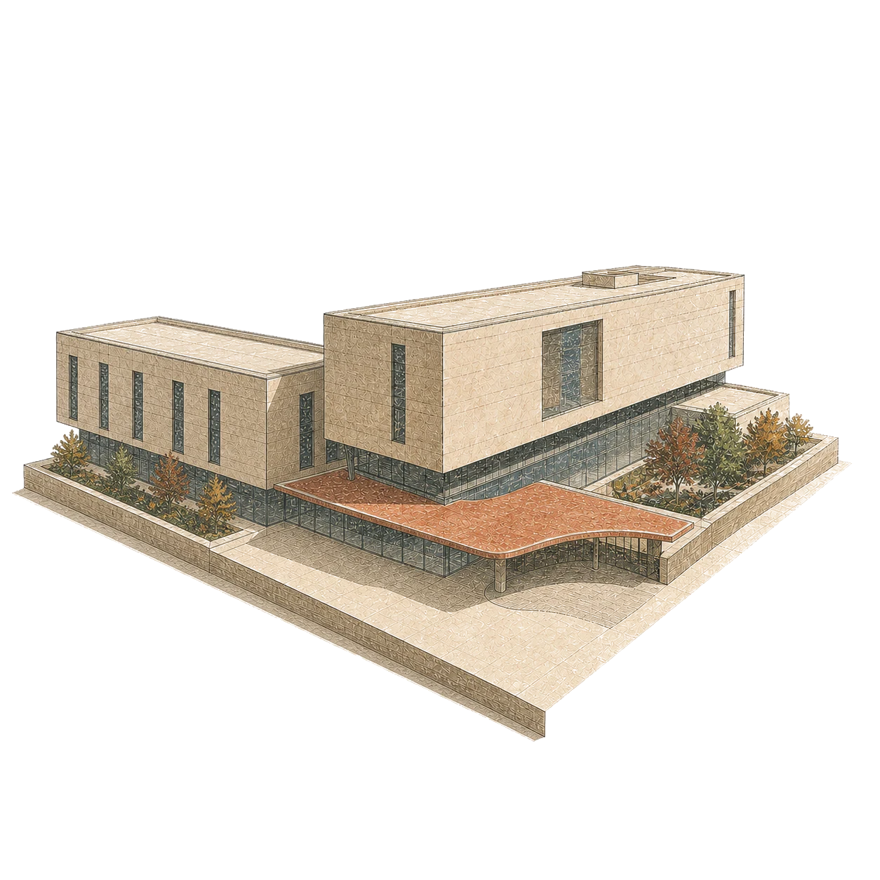 Field-note illustration of the hospital expanded with a new clinical wing.