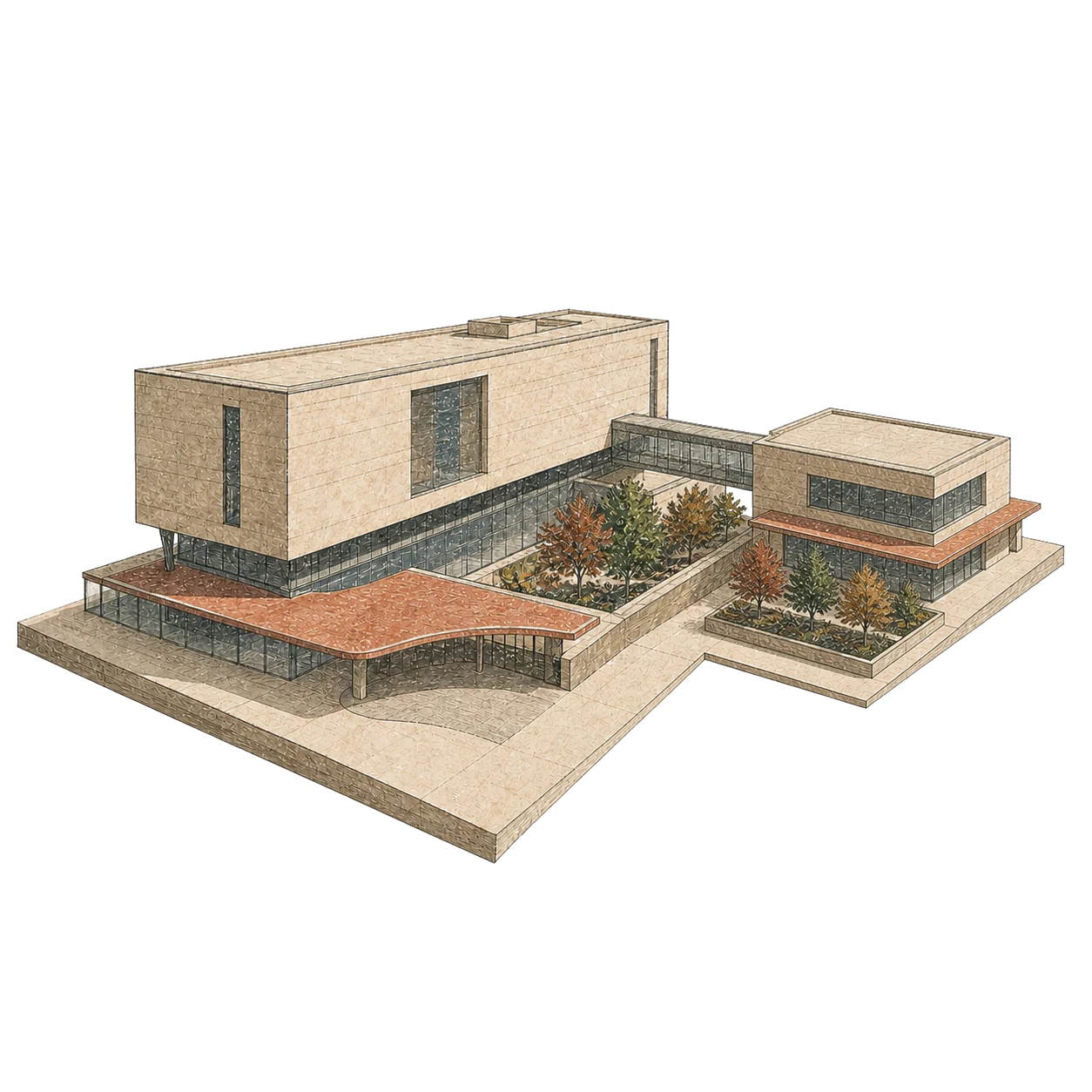 Field-note illustration of the same hospital with a linked ambulatory pavilion.