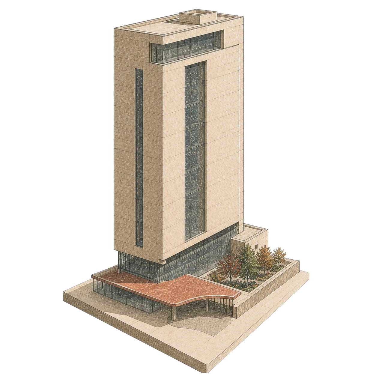 Field-note illustration of a taller, narrower version of the same hospital.